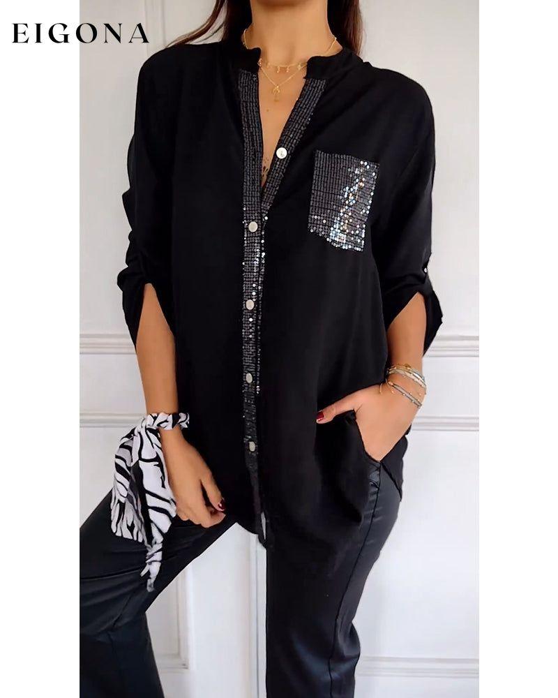 Paneled sequin button casual top blouses & shirts spring summer