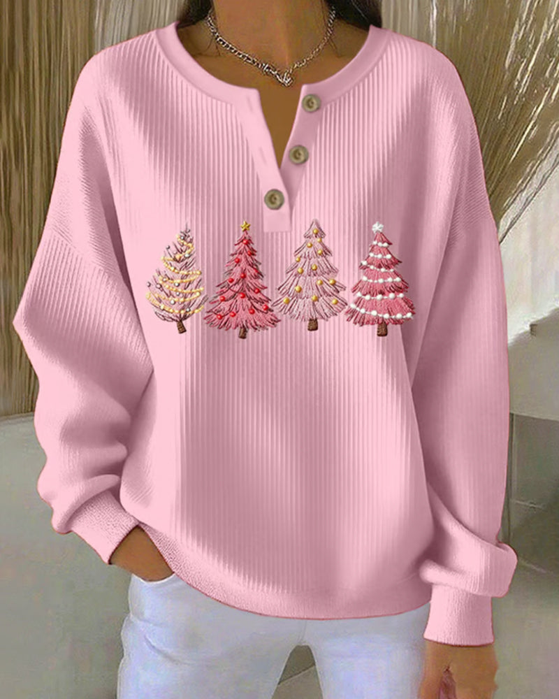 Buttoned Christmas Tree Print Sweatshirt