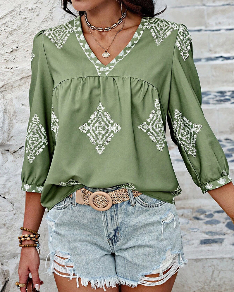 V-Neck Diamond Print Three-Quarter Sleeve Blouse blouses & shirts summer