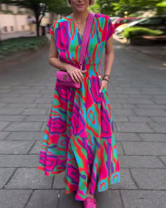 Colorful printed V-neck raglan sleeves long dress casual dresses spring summer