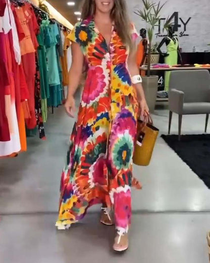 Colorful Floral Print Pocket Dress