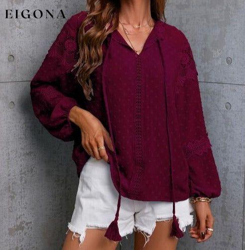 Crochet Tassel Tie Neck Long Sleeve Blouse Wine clothes G@S Ship From Overseas