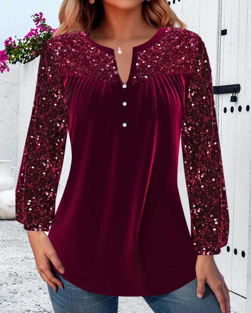 V-neck pleated sequined elegant top 2024 f/w blouses & shirts christmas