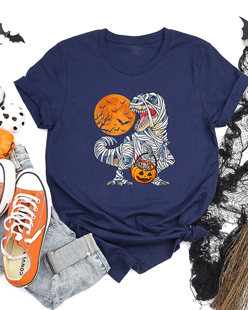 Halloween Dinosaur Pumpkin Print Casual T-Shirt halloween t-shirts