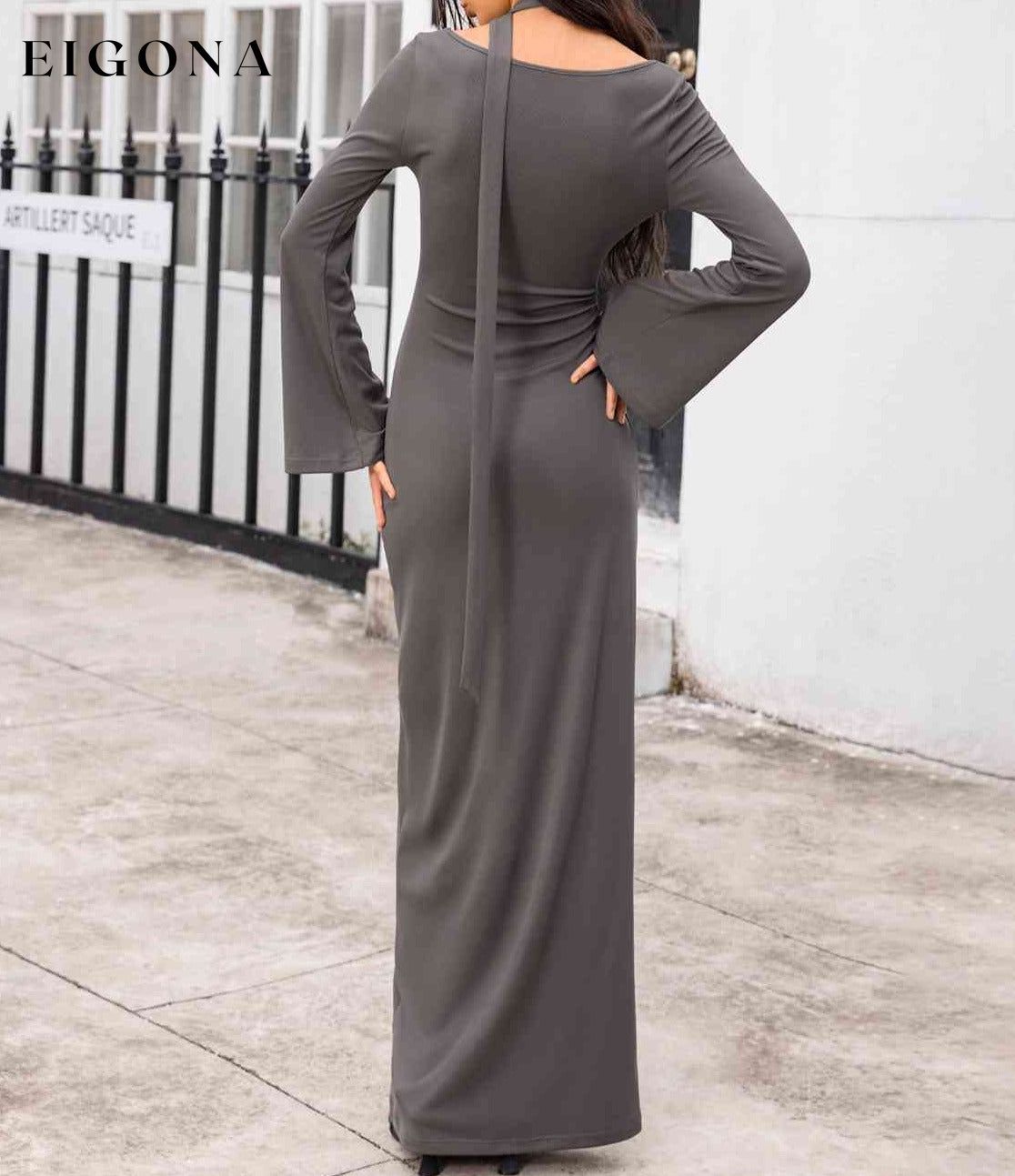 Tie Detail Long Sleeve Sexy Maxi Dress B@H@S@D casual dresses clothes dress grey gemstone long sleeve dress long sleeve dresses long sleve dresses maxi dress Ship From Overseas short dresses