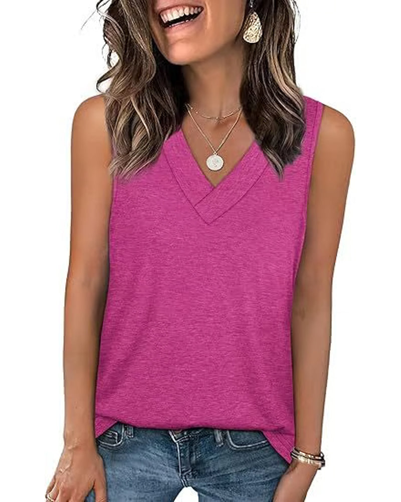 Women's Sleeveless V-Neck Slimming Loose Fit Casual Tank Top T-Shirt