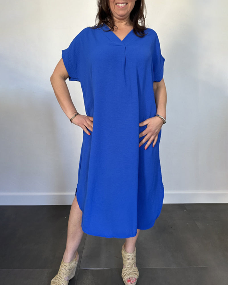 V-Neck Solid Color Loose Straight Dress