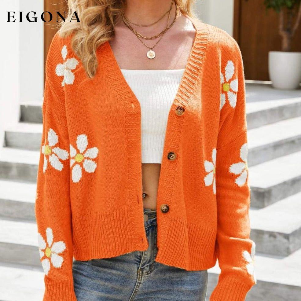 Floral Ribbed Trim Drop Shoulder Cardigan Orange cardigan cardigans clothes Ship From Overseas sweater sweaters Yh