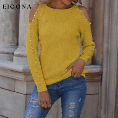 Pearl Patchwork Cold Shoulder Sweater Banana Yellow clothes Romantichut Ship From Overseas