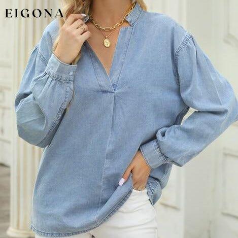 Notched Neck Denim Top Misty Blue clothes long sleeve shirts long sleeve top Ship From Overseas shirt shirts SYNZ top tops