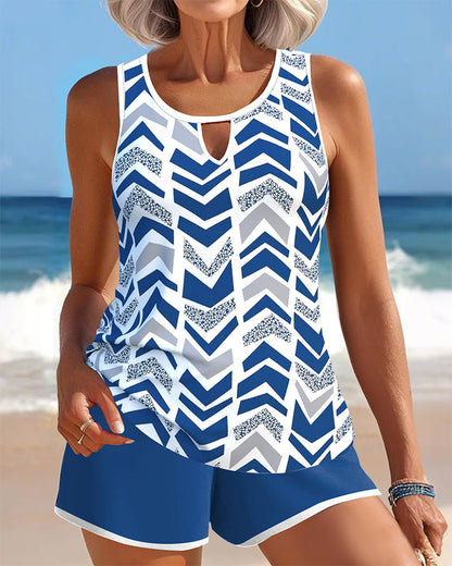 Sleeveless Crew Neck Printed Boxer Tankini