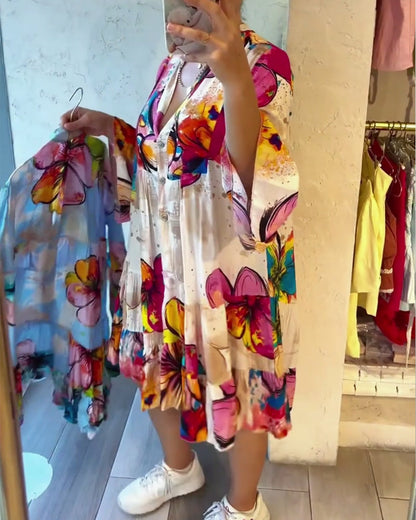 Colorful Large Floral Print Short Dress