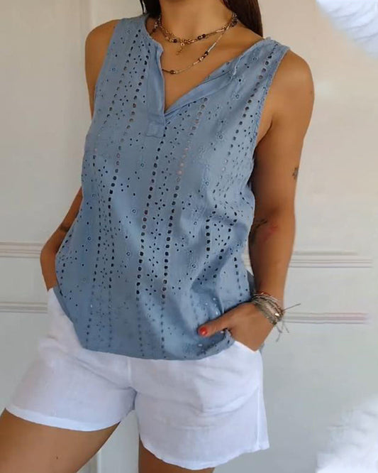 Sleeveless Solid Color Hollow Tank Top