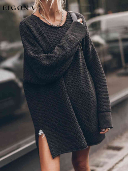 Openwork Round Neck Long Sleeve Slit Oversized Fashion Sweater Black A@Y@M clothes Ship From Overseas sweater sweaters Sweatshirt
