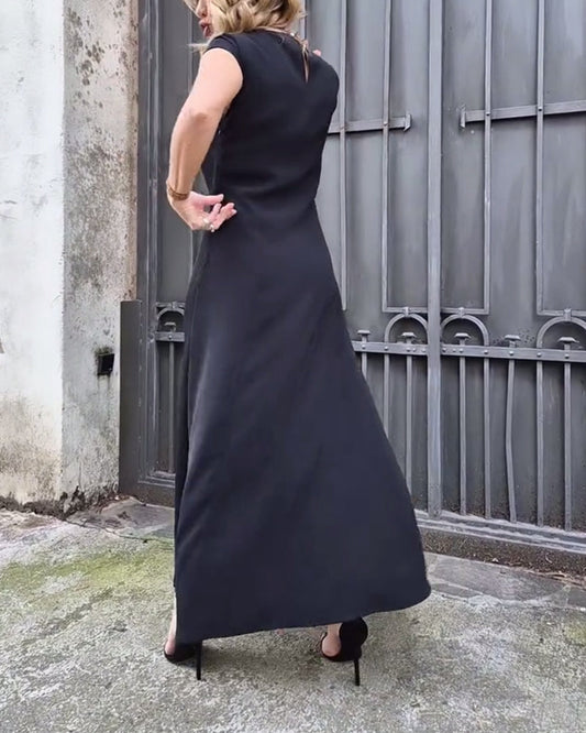 Short Sleeve Slit Elegant Solid Color Dress