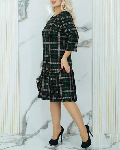 Round neck plaid print button elegant dress 2024 f/w casual dresses