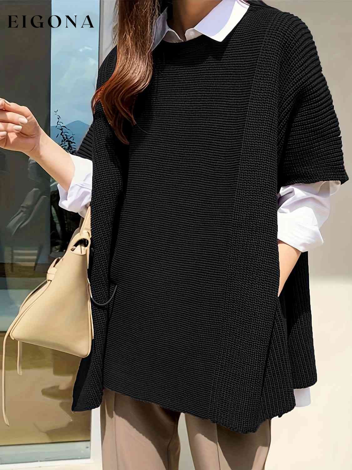 Plus Size Round Neck Slit Short Sleeve Sweater Black clothes M@Z@L Ship From Overseas