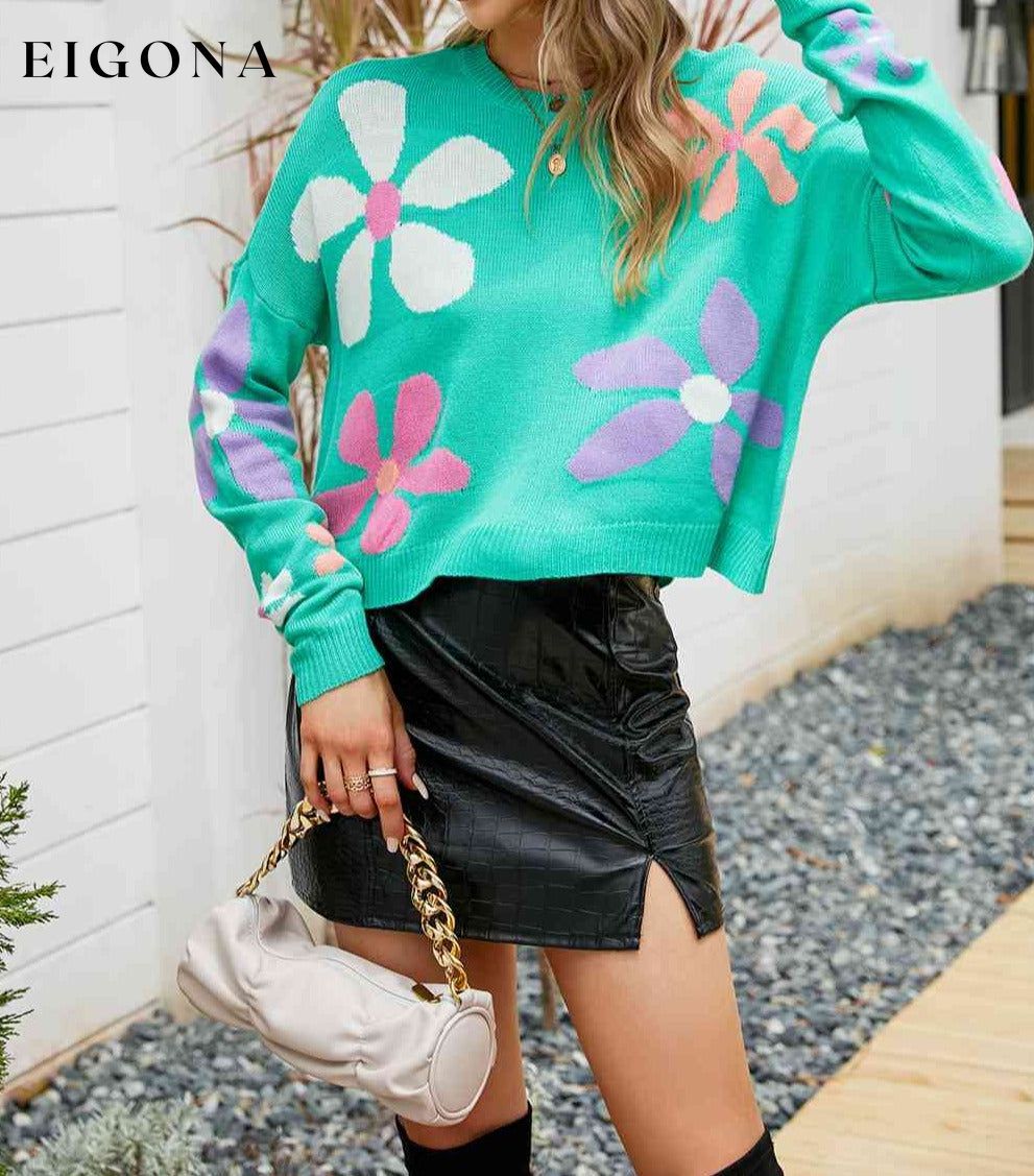 Flower Round Neck Drop Shoulder Sweater clothes Ship From Overseas X.X.W