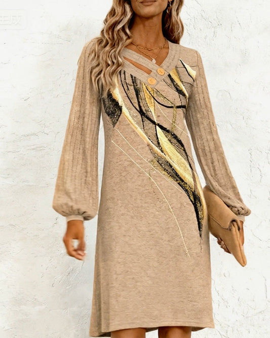 Long-Sleeved Printed Straight Dress