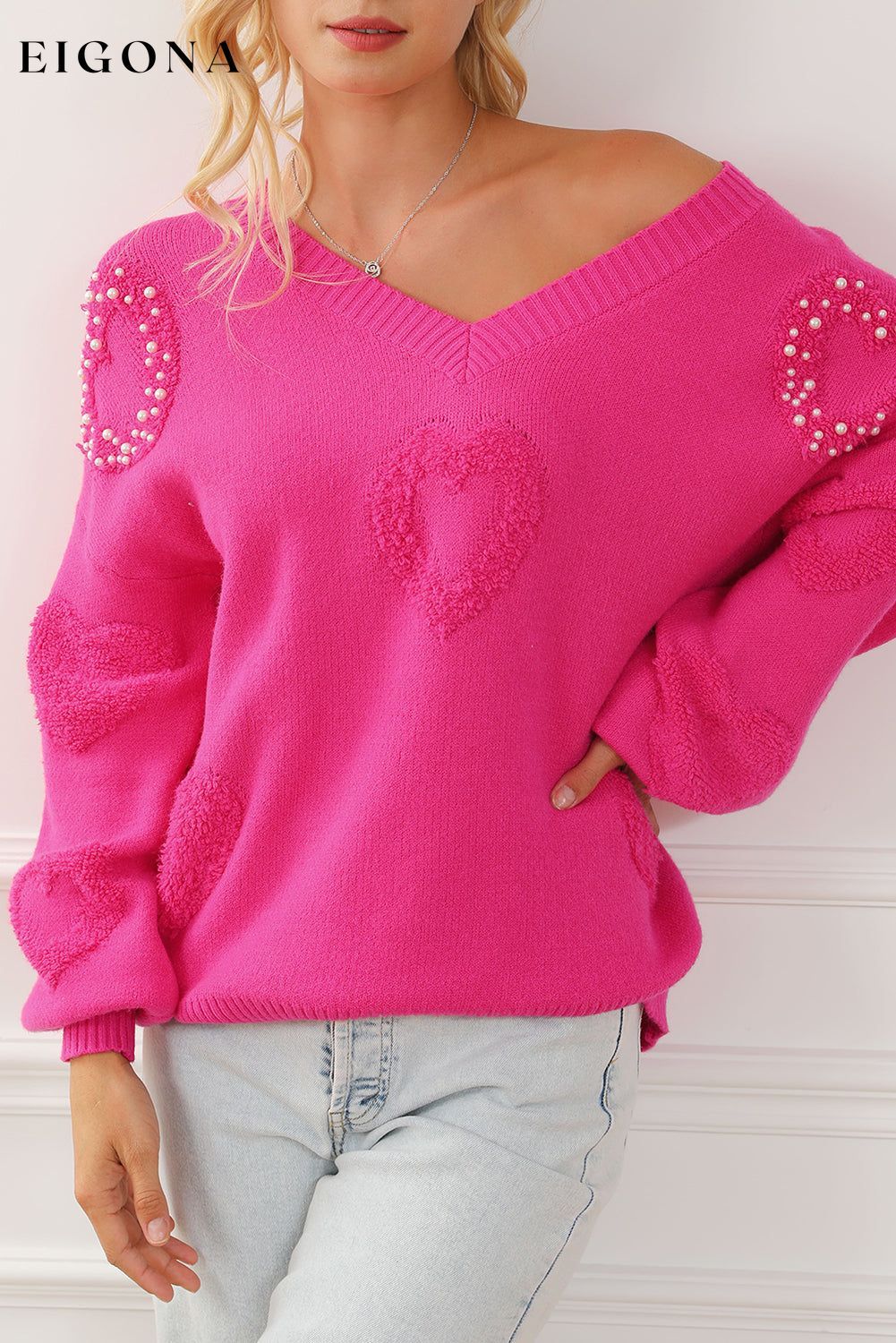 Rose Red Pearl Embellished Fuzzy Hearts V Neck Sweater Rose Red 85%Viscose+15%Polyamide All In Stock clothes Color Pink Craft Bead Day Valentine's Day Occasion Daily Print Solid Color Season Fall & Autumn Style Southern Belle sweaters Sweatshirt