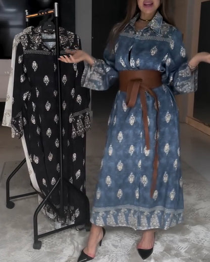 Retro Lapel Print Loose Dress