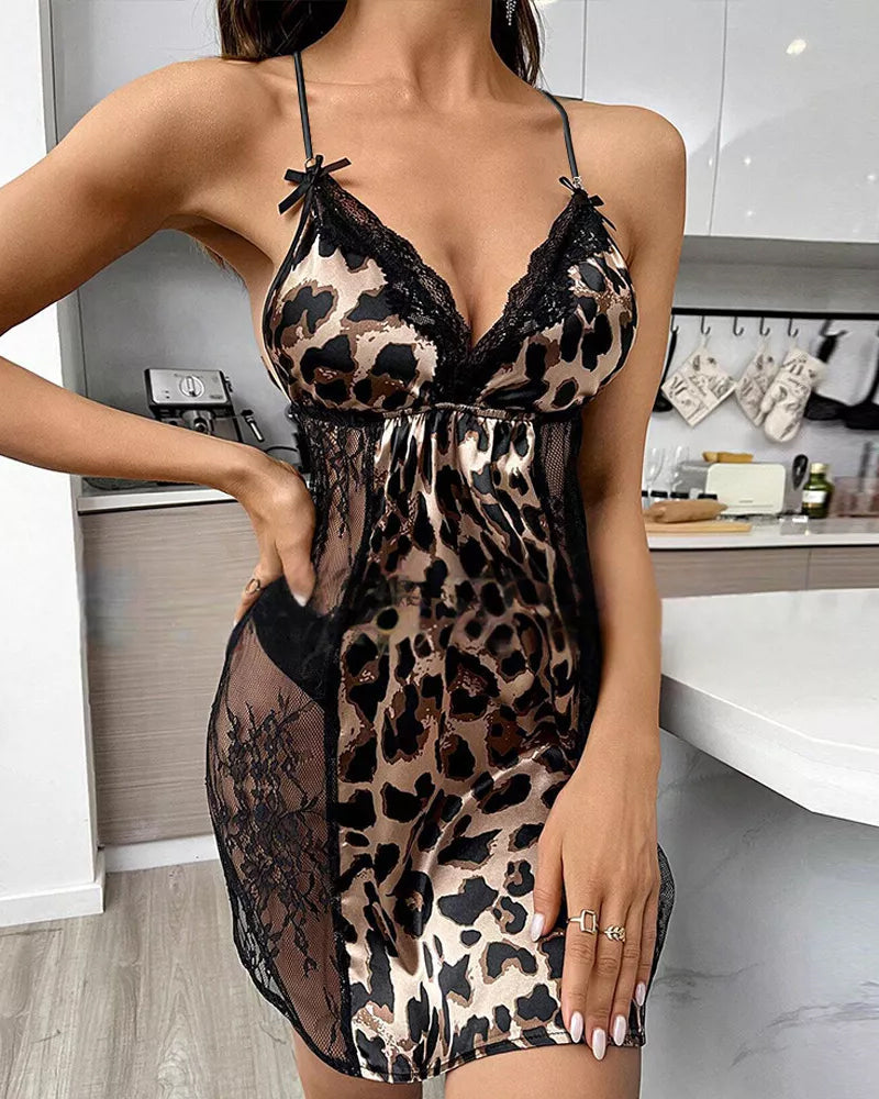 Leopard print lace elegant suspender nightdress lingerie