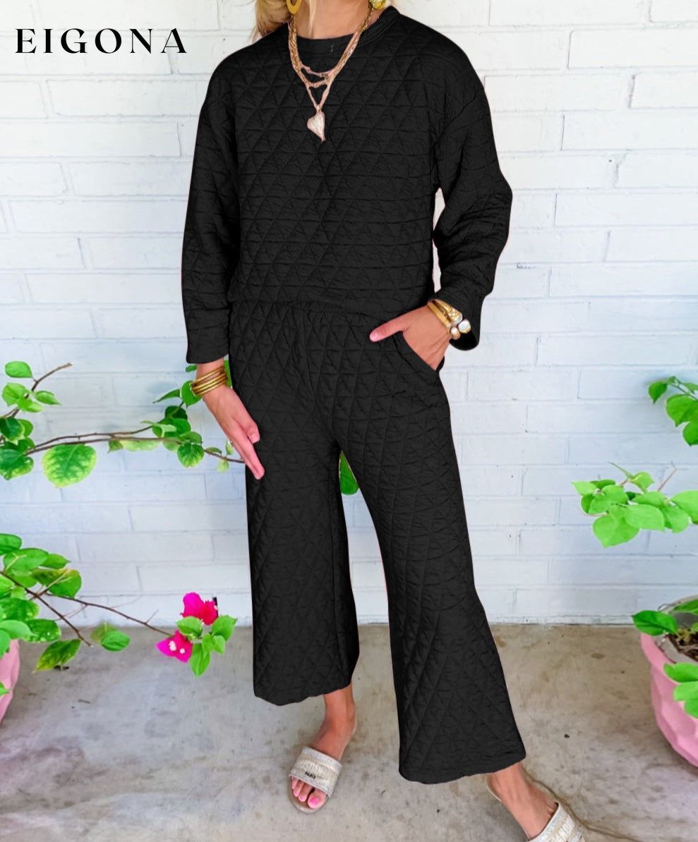 Black Solid Quilted Pullover and Pants Outfit All In Stock Best Sellers clothes Craft Quilted EDM Monthly Recomend Hot picks Occasion Home Print Solid Color Season Winter Silhouette Wide Leg Style Casual