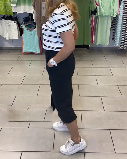 Round Neck Striped Slit Skirt Set