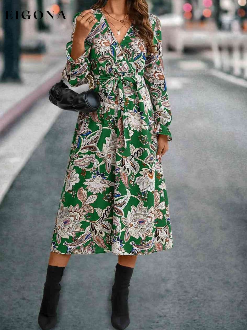 Printed Tie Front Surplice Flounce Sleeve Dress Green clothes Ship From Overseas YO