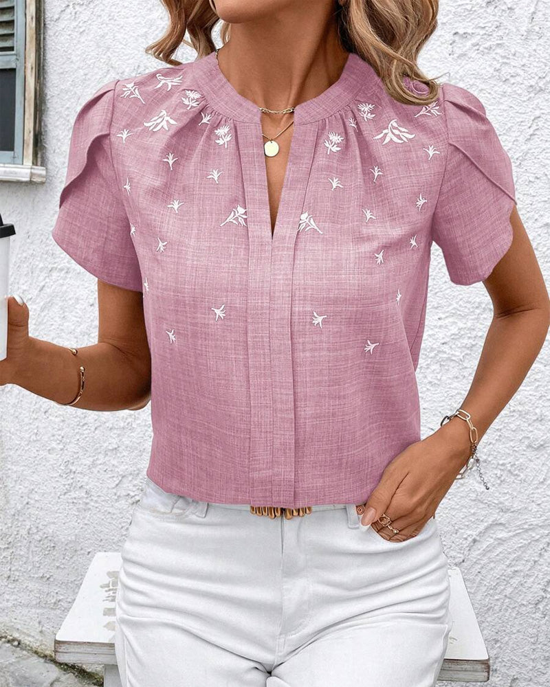 V-Neck Petal Sleeve Printed Blouse