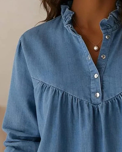 Denim Ruffled Button-Down Top