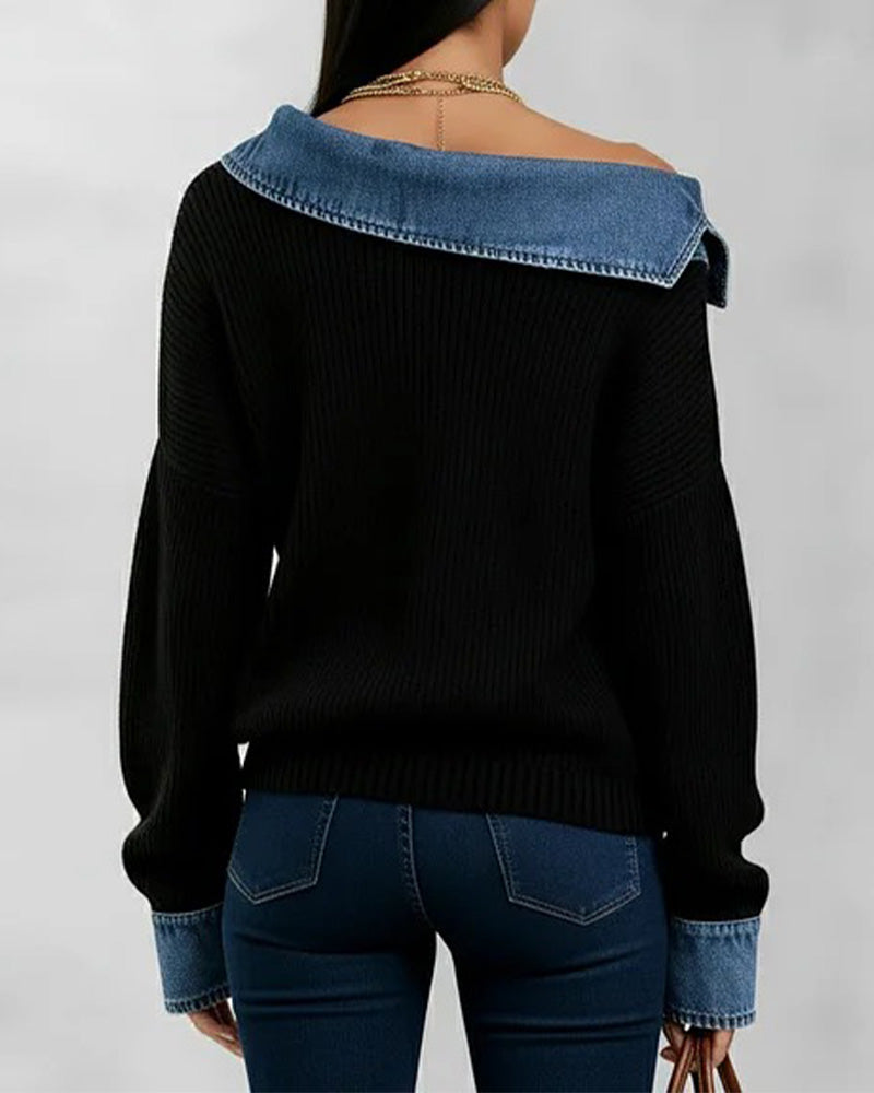 Off-Shoulder Denim Patchwork Top