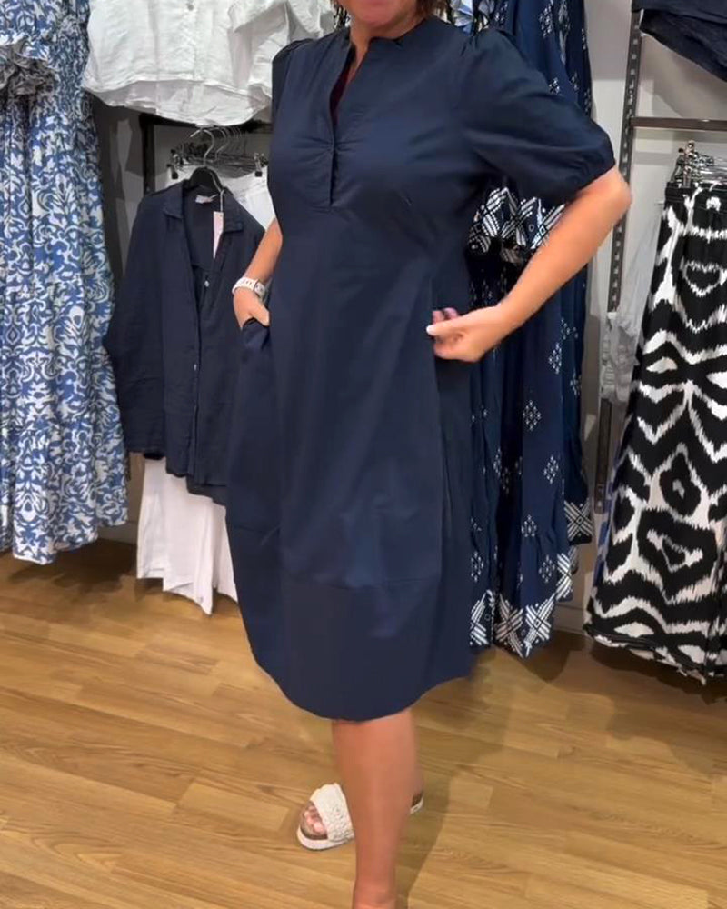 Puff Sleeve Solid Color Loose Dress