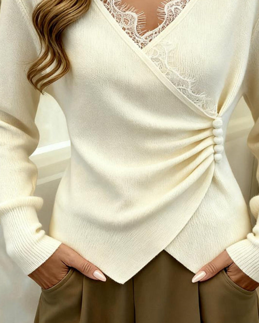 Lace Long-Sleeved Elegant Waist-Cinching Sweater