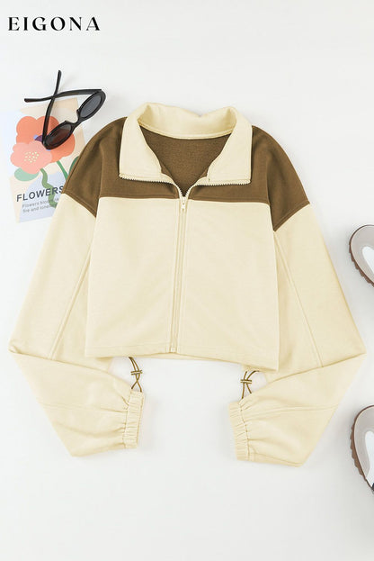 Beige Color Block Drawstring Cropped Athleisure Jacket clothes Occasion Daily Print Color Block Season Fall & Autumn Style Casual