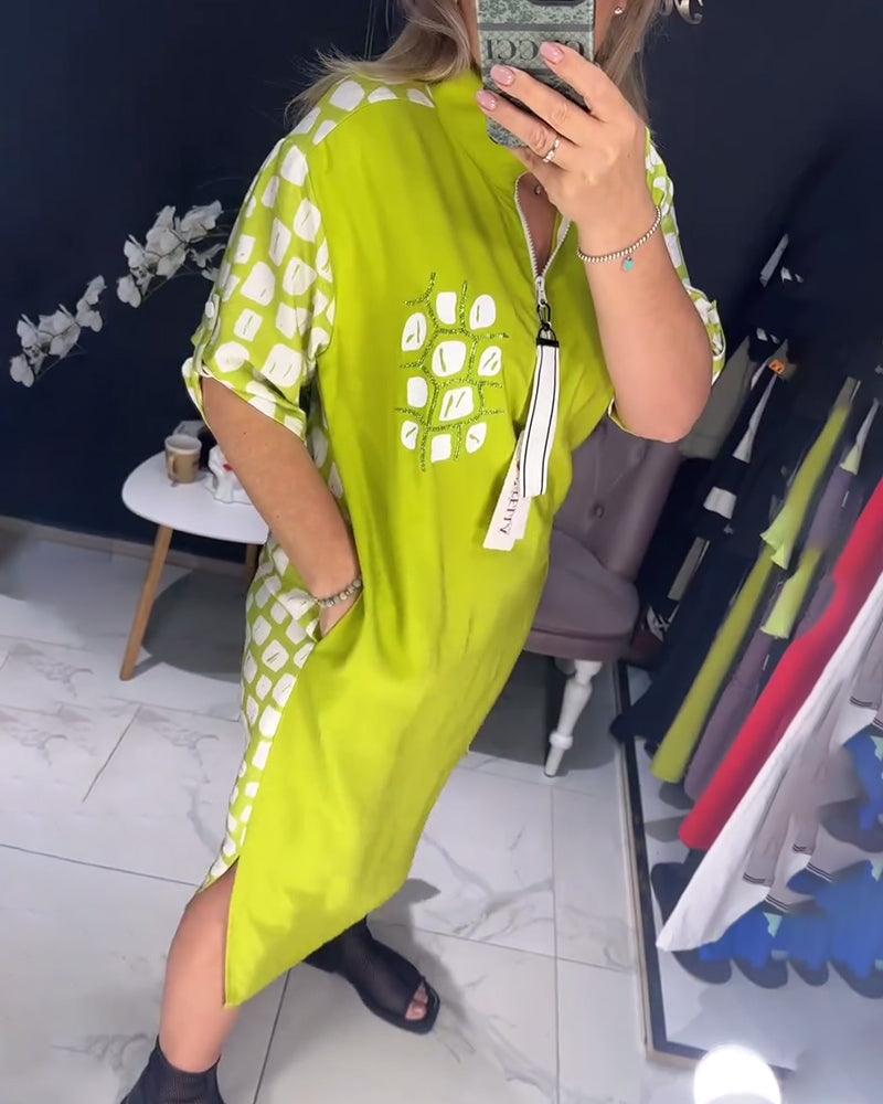 Half Zipper Printed Irregular Slit Dress