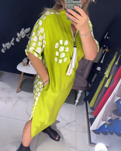 Half Zipper Printed Irregular Slit Dress