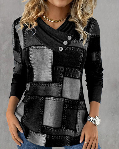 V-Neck Contrast Solid Color Long-Sleeved Top