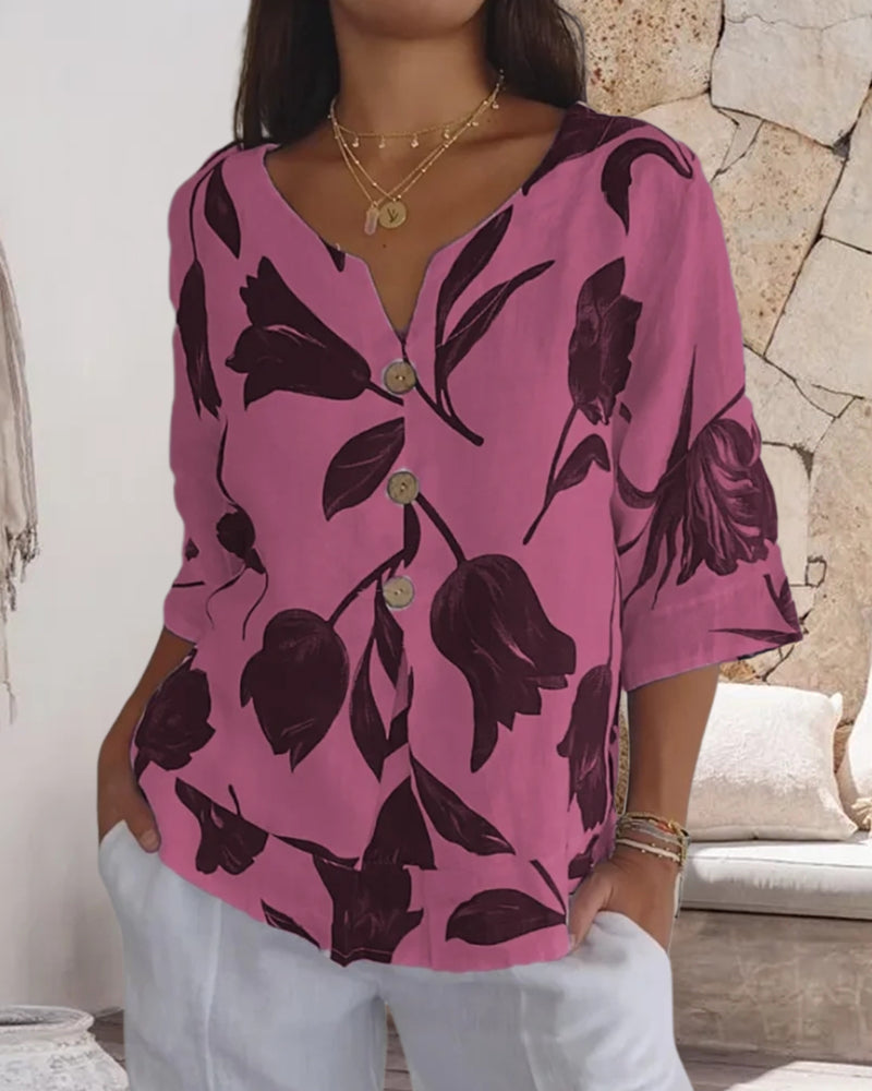 Button-Down-Oberteil aus Baumwolle und Leinen mit Blumendruck