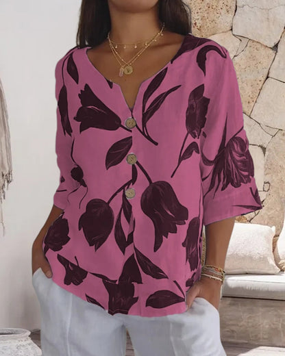 Button-Down-Oberteil aus Baumwolle und Leinen mit Blumendruck