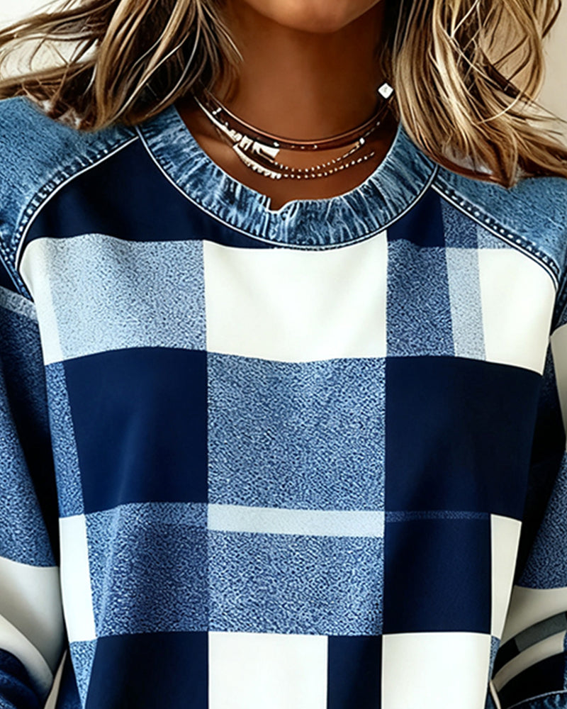 Plaid Patchwork Contrast Color Sweatshirt