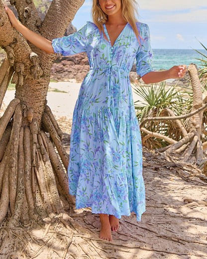 V-Neck Floral Short-Sleeved Dress