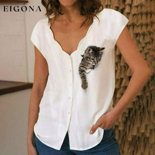 【Cotton And Linen】3D Cat Print Casual Blouse White best Best Sellings clothes Cotton and Linen Plus Size Sale tops Topseller