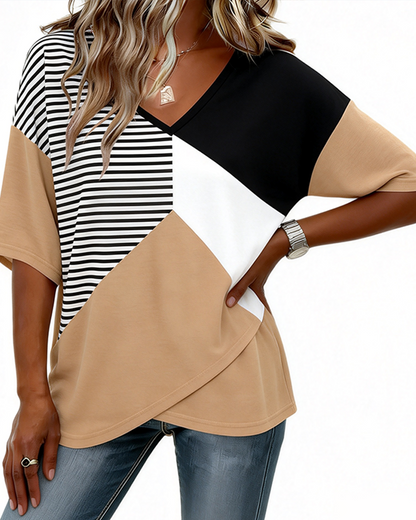 Striped Color Block V-Neck Short Sleeve Top