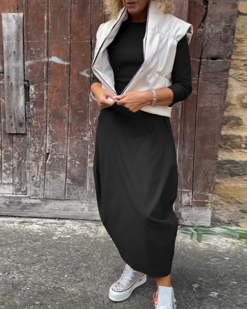 Abito elegante semplice a maniche lunghe con tasca in tinta unita