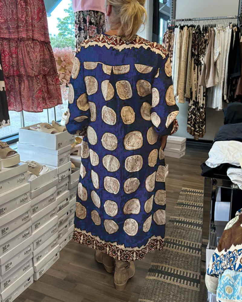 Long-Sleeved V-Neck Printed Dress