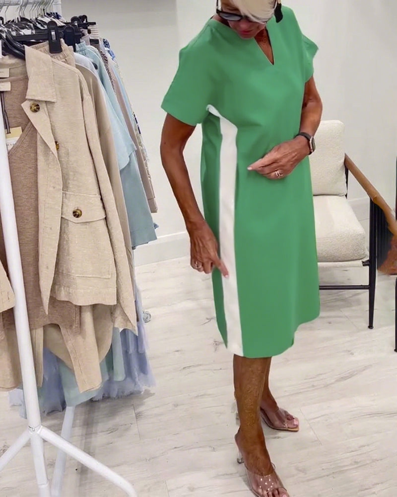 Short-Sleeved Contrast Color Straight Dress