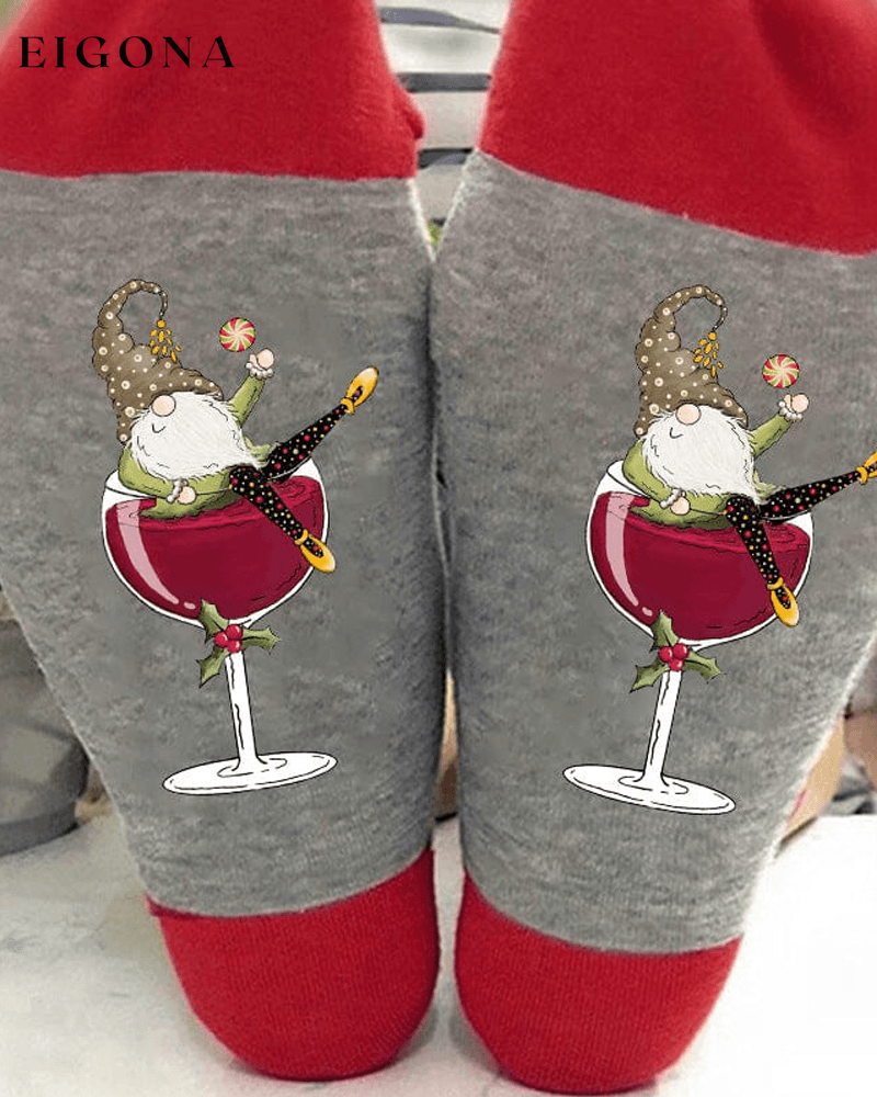 🧦Christmas gnome wine glass unisex crew socks🧦 23BF ACCESSORIES Christmas Clothes