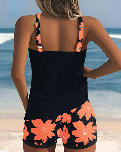 U-Neck Sleeveless Printed Boxer Tankini