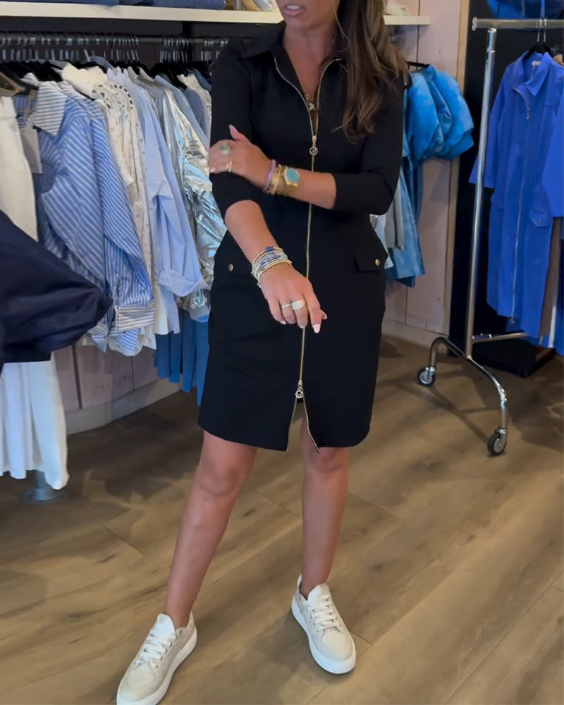 Lapel Solid Color Zipper Long Sleeve Dress